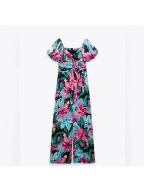 Zara Floral Satin Jumpsuit Women’s Small Multicolor Wide Leg Tropical Resort